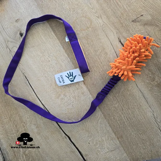 Mop Orange tug toy on long webbing with bungee Purple / Amber Yellow-Orange